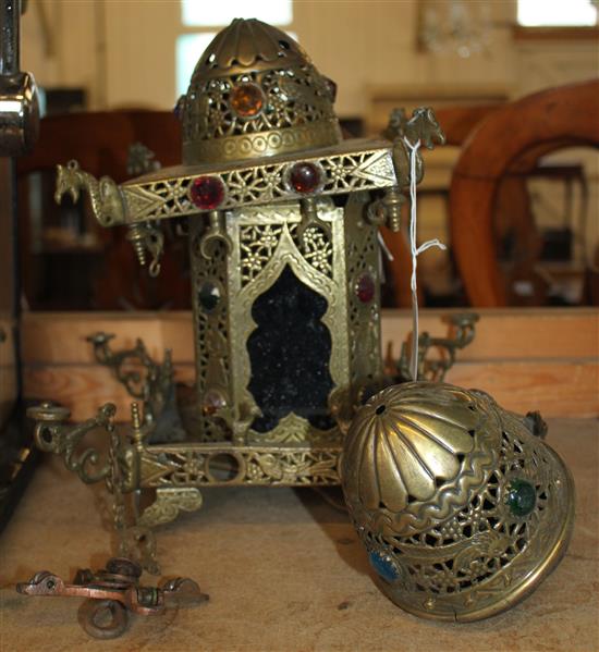 Oriental decorative pierced brass hanging oil lamp